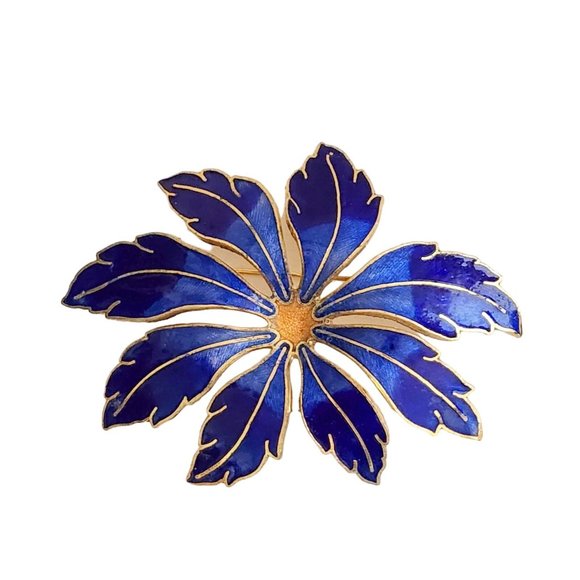Vintage Blue Enamel Foliage Flower Two Tone Blue Shades Enamel Pin Brooch - Picture 4 of 14